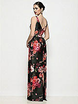Rear View Thumbnail - Wine Black Multi Bateau Neck Fleur de Villes Satin Maxi Dress with Pleated Column Skirt