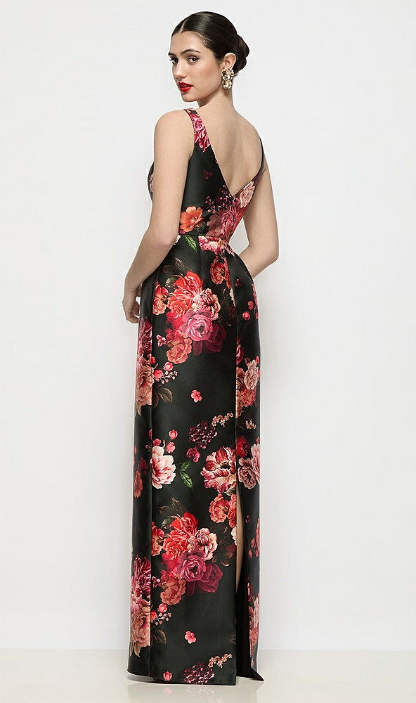 Back View - Wine Black Multi Bateau Neck Fleur de Villes Satin Maxi Dress with Pleated Column Skirt