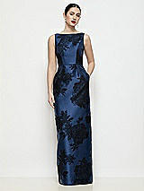 Alt View 1 Thumbnail - Soft Navy / Black Bateau Neck Flocked Floral Satin Maxi Dress with Pleated Column Skirt