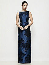 Front View Thumbnail - Soft Navy / Black Bateau Neck Flocked Floral Satin Maxi Dress with Pleated Column Skirt