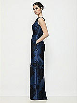 Side View Thumbnail - Soft Navy / Black Bateau Neck Flocked Floral Satin Maxi Dress with Pleated Column Skirt
