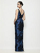 Rear View Thumbnail - Soft Navy / Black Bateau Neck Flocked Floral Satin Maxi Dress with Pleated Column Skirt