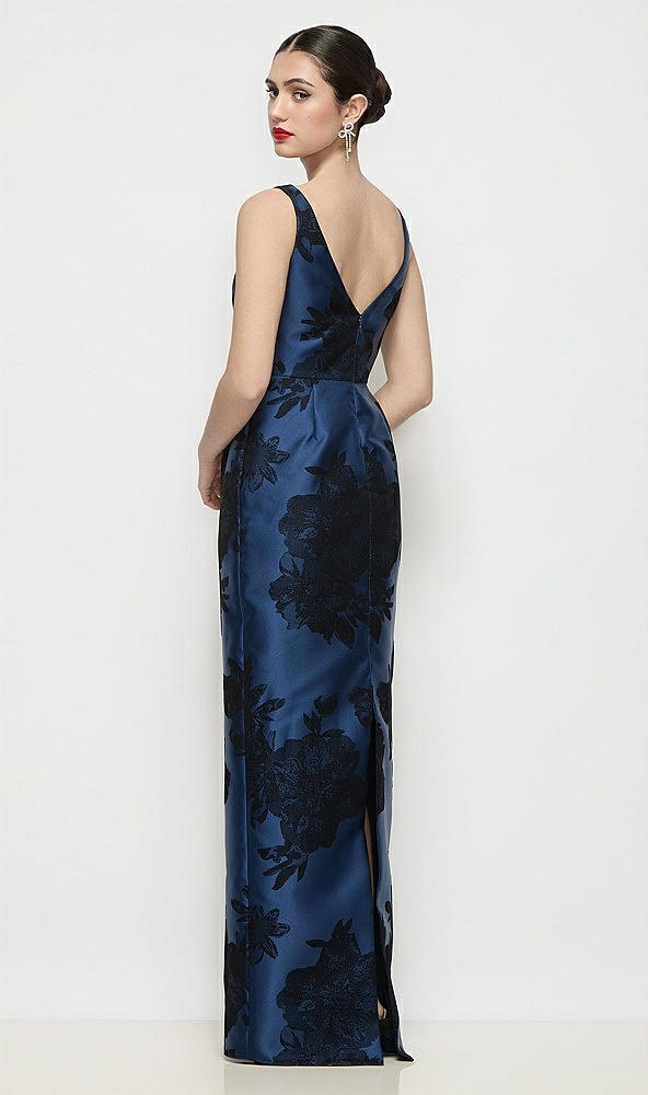 Back View - Soft Navy / Black Bateau Neck Flocked Floral Satin Maxi Dress with Pleated Column Skirt
