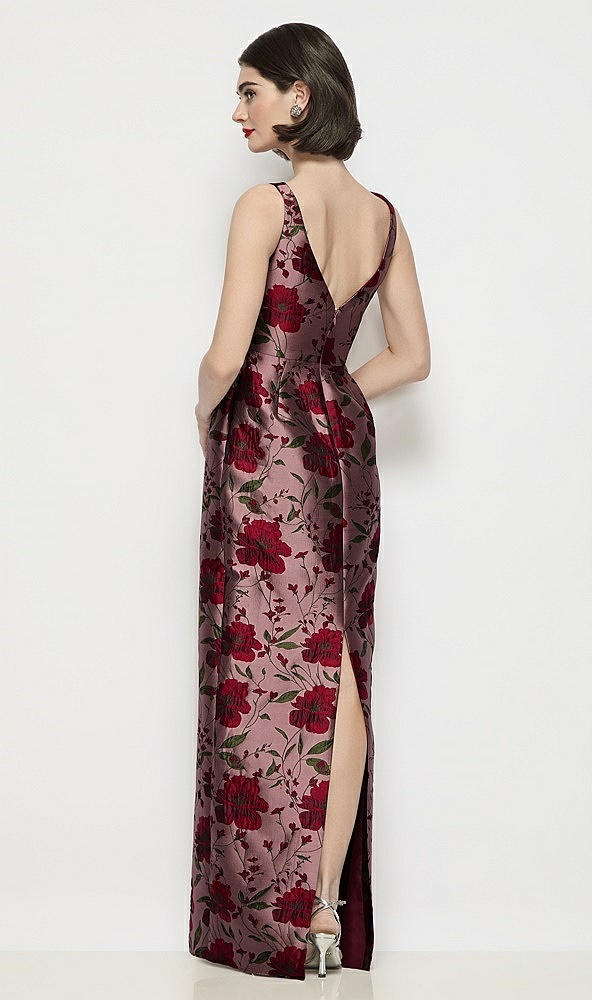 Back View - Wild Rose Bateau Neck Wild Rose Brocade Floral Maxi Dress with Pleated Column Skirt