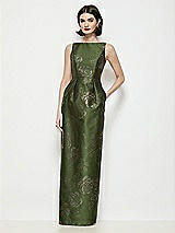 Alt View 1 Thumbnail - Olive / Gold Bateau Neck Embossed Gilt Floral Satin Maxi Dress with Pleated Column Skirt