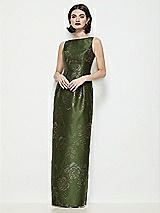 Front View Thumbnail - Olive / Gold Bateau Neck Embossed Gilt Floral Satin Maxi Dress with Pleated Column Skirt