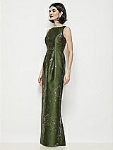 Side View Thumbnail - Olive / Gold Bateau Neck Embossed Gilt Floral Satin Maxi Dress with Pleated Column Skirt