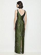 Rear View Thumbnail - Olive / Gold Bateau Neck Embossed Gilt Floral Satin Maxi Dress with Pleated Column Skirt