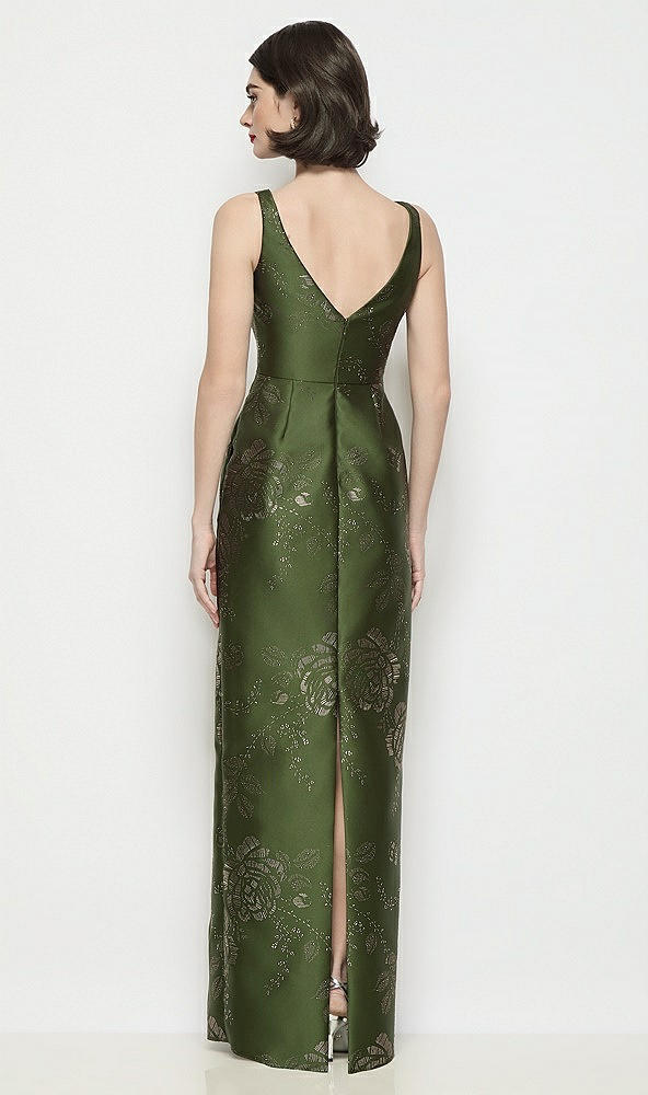 Back View - Olive / Gold Bateau Neck Embossed Gilt Floral Satin Maxi Dress with Pleated Column Skirt