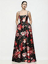 Front View Thumbnail - Wine Black Multi Scoop Neck Drop Basque Skirt Fleur de Villes Satin Maxi Dress with Pockets