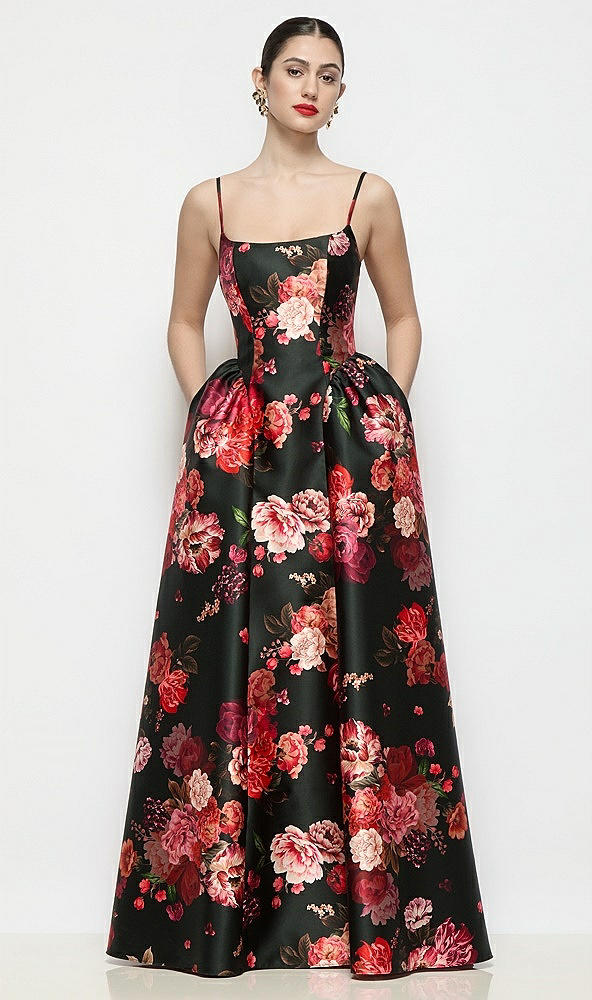 Front View - Wine Black Multi Scoop Neck Drop Basque Skirt Fleur de Villes Satin Maxi Dress with Pockets