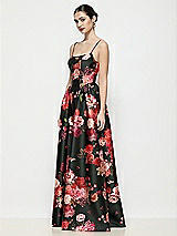 Side View Thumbnail - Wine Black Multi Scoop Neck Drop Basque Skirt Fleur de Villes Satin Maxi Dress with Pockets