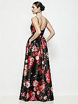 Rear View Thumbnail - Wine Black Multi Scoop Neck Drop Basque Skirt Fleur de Villes Satin Maxi Dress with Pockets