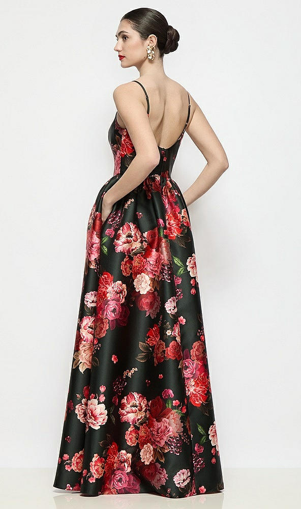 Back View - Wine Black Multi Scoop Neck Drop Basque Skirt Fleur de Villes Satin Maxi Dress with Pockets