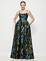 Front View Thumbnail - Peacock Blue Multi Scoop Neck Drop Basque Skirt Luna Organza Jacquard Floral Maxi Dress