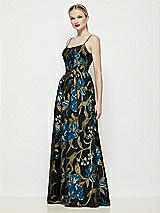 Side View Thumbnail - Peacock Blue Multi Scoop Neck Drop Basque Skirt Luna Organza Jacquard Floral Maxi Dress