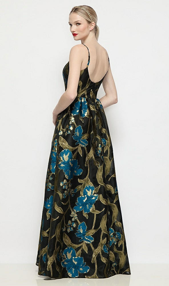 Back View - Peacock Blue Multi Scoop Neck Drop Basque Skirt Luna Organza Jacquard Floral Maxi Dress