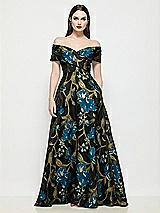 Front View Thumbnail - Peacock Blue Multi Off-Shoulder Wrap Luna Organza Jacquard Floral Maxi Dress with Full Skirt