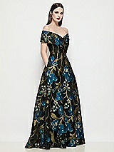 Side View Thumbnail - Peacock Blue Multi Off-Shoulder Wrap Luna Organza Jacquard Floral Maxi Dress with Full Skirt