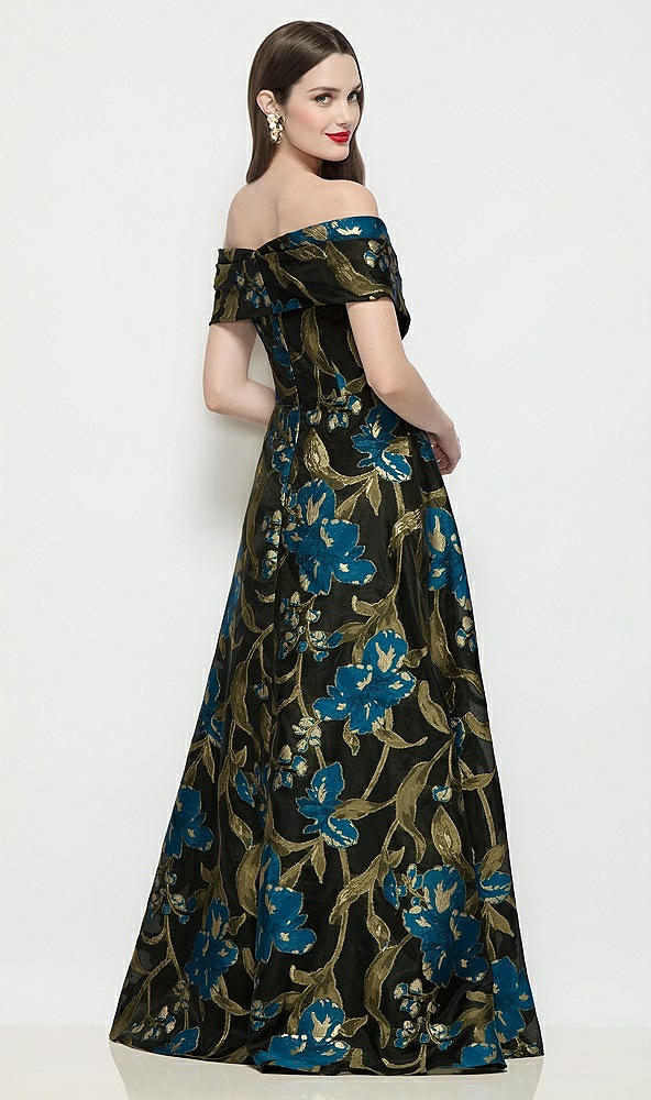 Back View - Peacock Blue Multi Off-Shoulder Wrap Luna Organza Jacquard Floral Maxi Dress with Full Skirt