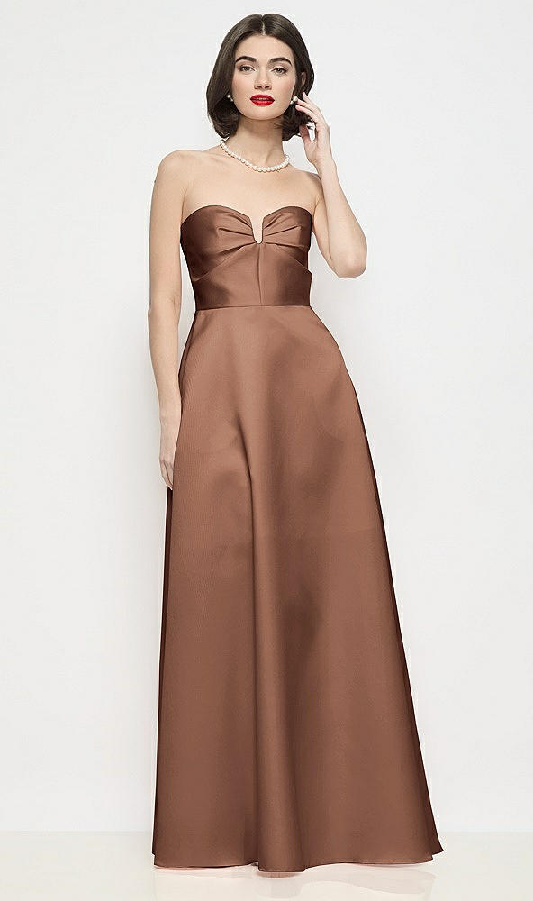 Front View - Cognac Strapless Pleated U-Wire Satin Maxi Dress with Semi Circle Skirt