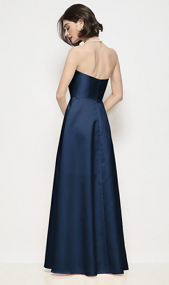 Back View - Midnight Navy Strapless Pleated U-Wire Satin Maxi Dress with Semi Circle Skirt