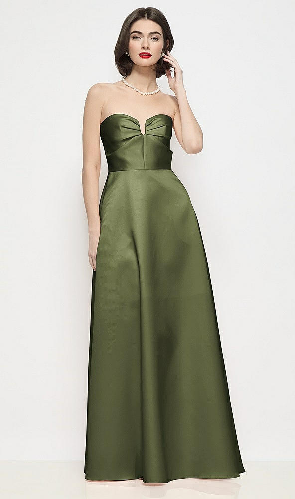 Front View - Olive Green Strapless Pleated U-Wire Satin Maxi Dress with Semi Circle Skirt