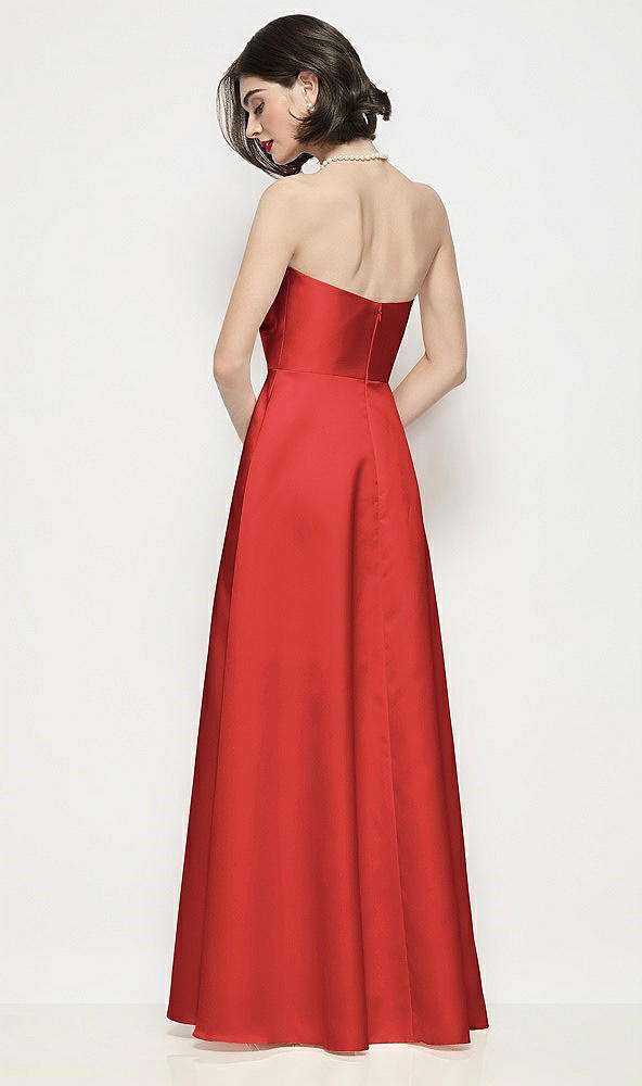 Back View - Poppy Red Strapless Pleated U-Wire Satin Maxi Dress with Semi Circle Skirt