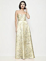 Front View Thumbnail - Butter Yellow Floral Strapless Pleated U-Wire Floral Satin Maxi Dress with Semi Circle Skirt