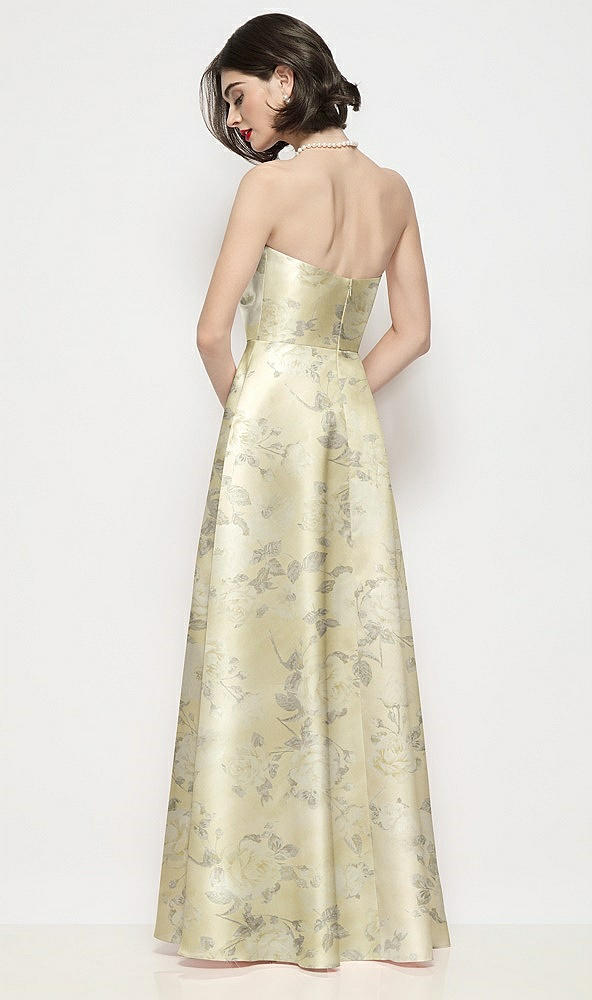 Back View - Butter Yellow Floral Strapless Pleated U-Wire Floral Satin Maxi Dress with Semi Circle Skirt