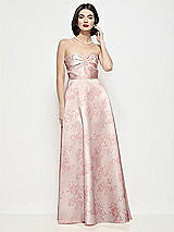 Front View Thumbnail - Bow And Blossom Print Strapless Pleated U-Wire Floral Satin Maxi Dress with Semi Circle Skirt