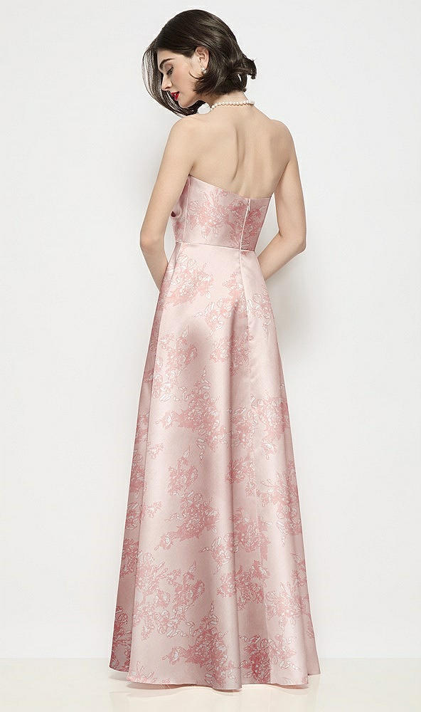 Back View - Bow And Blossom Print Strapless Pleated U-Wire Floral Satin Maxi Dress with Semi Circle Skirt