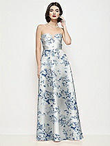 Front View Thumbnail - Cottage Rose Larkspur Strapless Pleated U-Wire Floral Satin Maxi Dress with Semi Circle Skirt