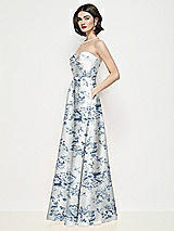 Side View Thumbnail - Cottage Rose Larkspur Strapless Pleated U-Wire Floral Satin Maxi Dress with Semi Circle Skirt