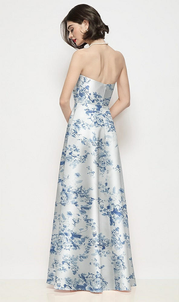 Back View - Cottage Rose Larkspur Strapless Pleated U-Wire Floral Satin Maxi Dress with Semi Circle Skirt