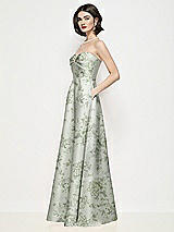 Side View Thumbnail - Sage Cottage Rose Strapless Pleated U-Wire Floral Satin Maxi Dress with Semi Circle Skirt