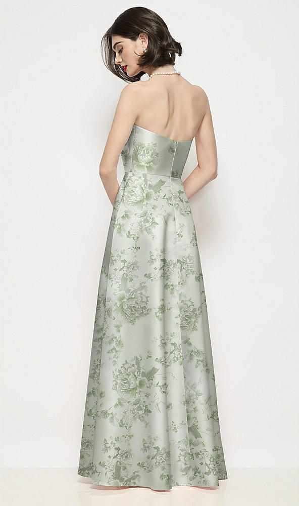 Back View - Sage Cottage Rose Strapless Pleated U-Wire Floral Satin Maxi Dress with Semi Circle Skirt