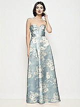 Front View Thumbnail - Porcelain Blue Seraphina Floral Strapless Pleated U-Wire Floral Satin Maxi Dress with Semi Circle Skirt