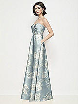 Side View Thumbnail - Porcelain Blue Seraphina Floral Strapless Pleated U-Wire Floral Satin Maxi Dress with Semi Circle Skirt