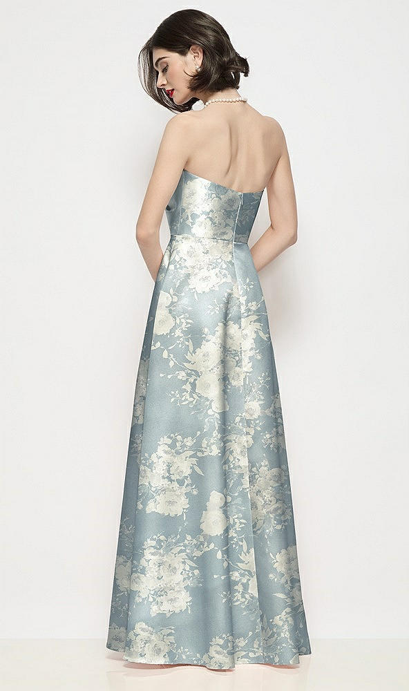 Back View - Porcelain Blue Seraphina Floral Strapless Pleated U-Wire Floral Satin Maxi Dress with Semi Circle Skirt