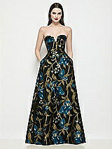 Front View Thumbnail - Peacock Blue Multi Strapless Pleated U-Wire Organza Jacquard Floral Maxi  Dress with Semi Circle Skirt