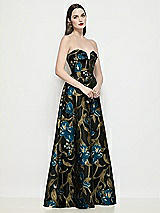 Side View Thumbnail - Peacock Blue Multi Strapless Pleated U-Wire Organza Jacquard Floral Maxi  Dress with Semi Circle Skirt