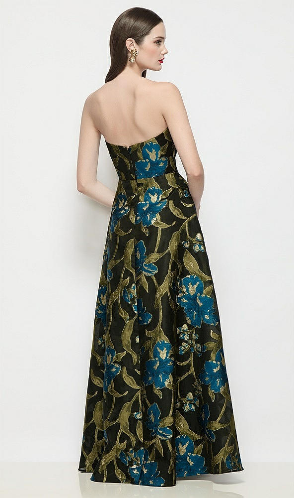 Back View - Peacock Blue Multi Strapless Pleated U-Wire Organza Jacquard Floral Maxi  Dress with Semi Circle Skirt