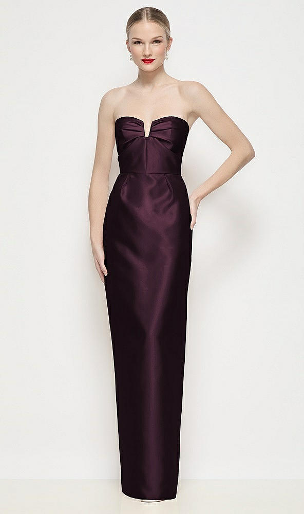 Front View - Deep Plum Strapless Pleated U-Wire Satin Column Maxi Dress
