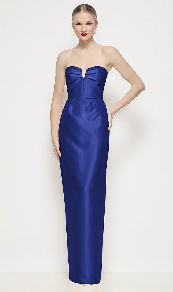 Front View - Cobalt Blue Strapless Pleated U-Wire Satin Column Maxi Dress