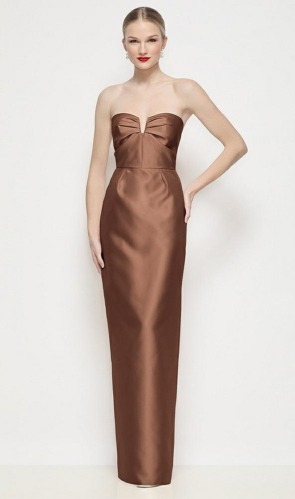 Front View - Cognac Strapless Pleated U-Wire Satin Column Maxi Dress