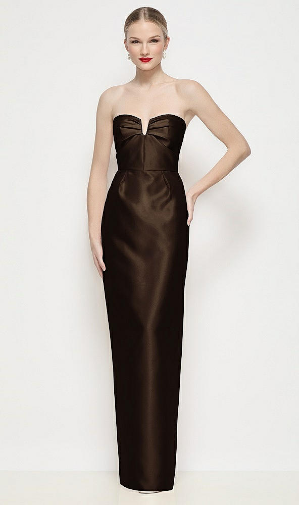 Front View - Espresso Strapless Pleated U-Wire Satin Column Maxi Dress