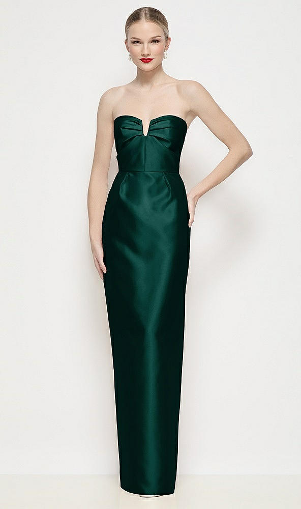 Front View - Evergreen Strapless Pleated U-Wire Satin Column Maxi Dress