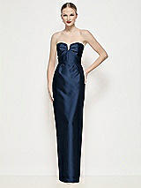 Front View Thumbnail - Midnight Navy Strapless Pleated U-Wire Satin Column Maxi Dress