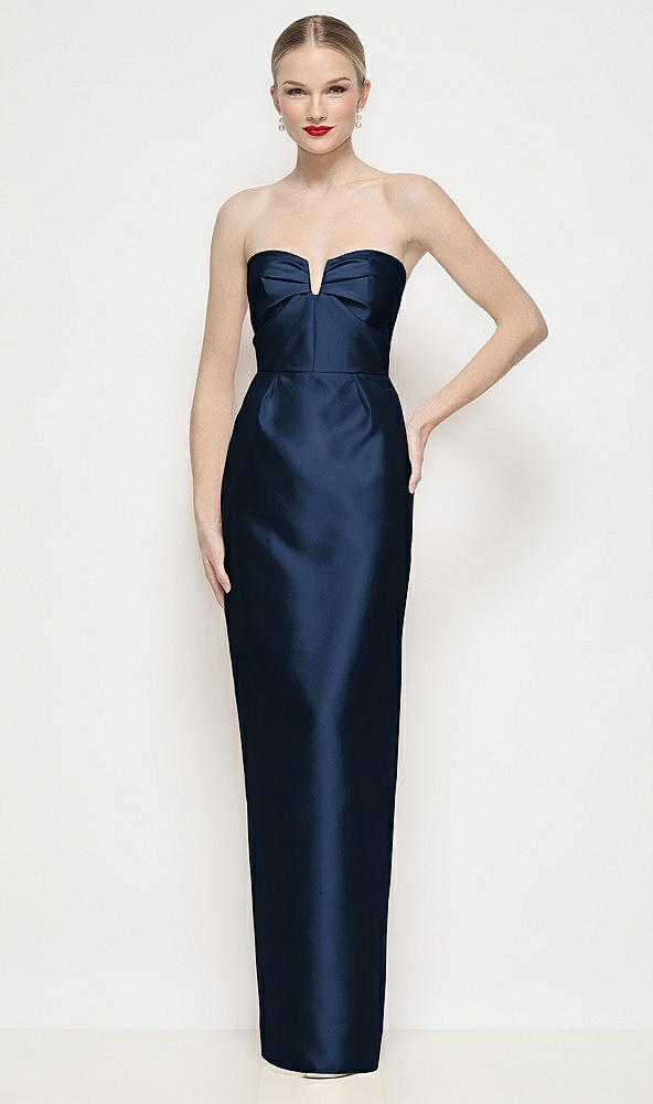 Front View - Midnight Navy Strapless Pleated U-Wire Satin Column Maxi Dress